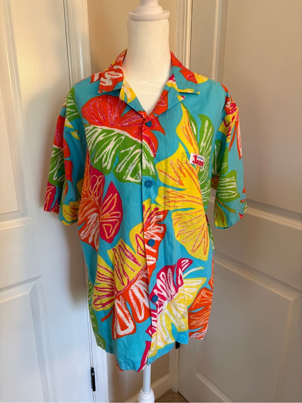 Original 80s JAMS Surf Line Hawaii Neon Leaf Vintage Tropical Shirt - Size M